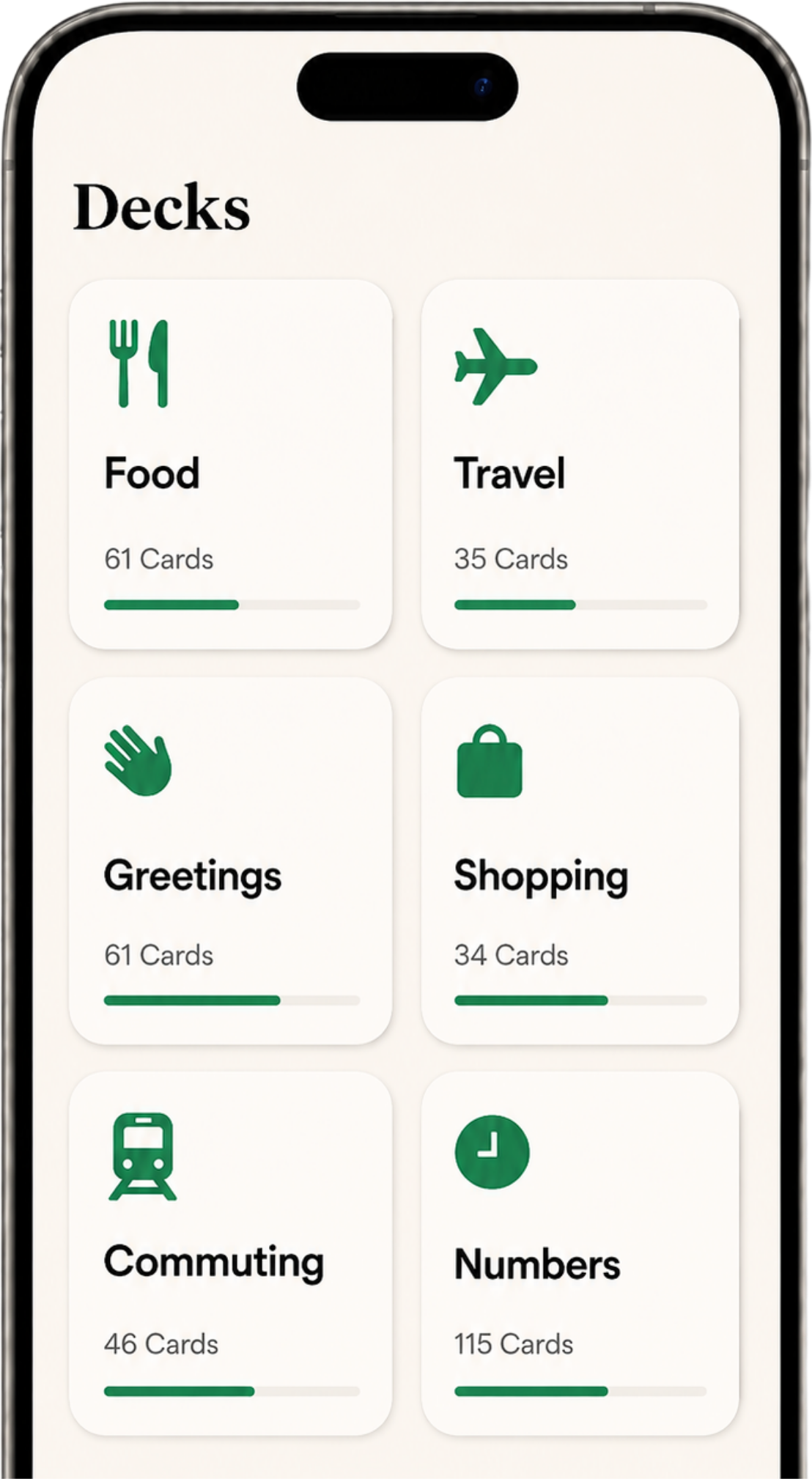 Inku showing Japanese study decks for food, travel, greetings, shopping, commuting, and numbers