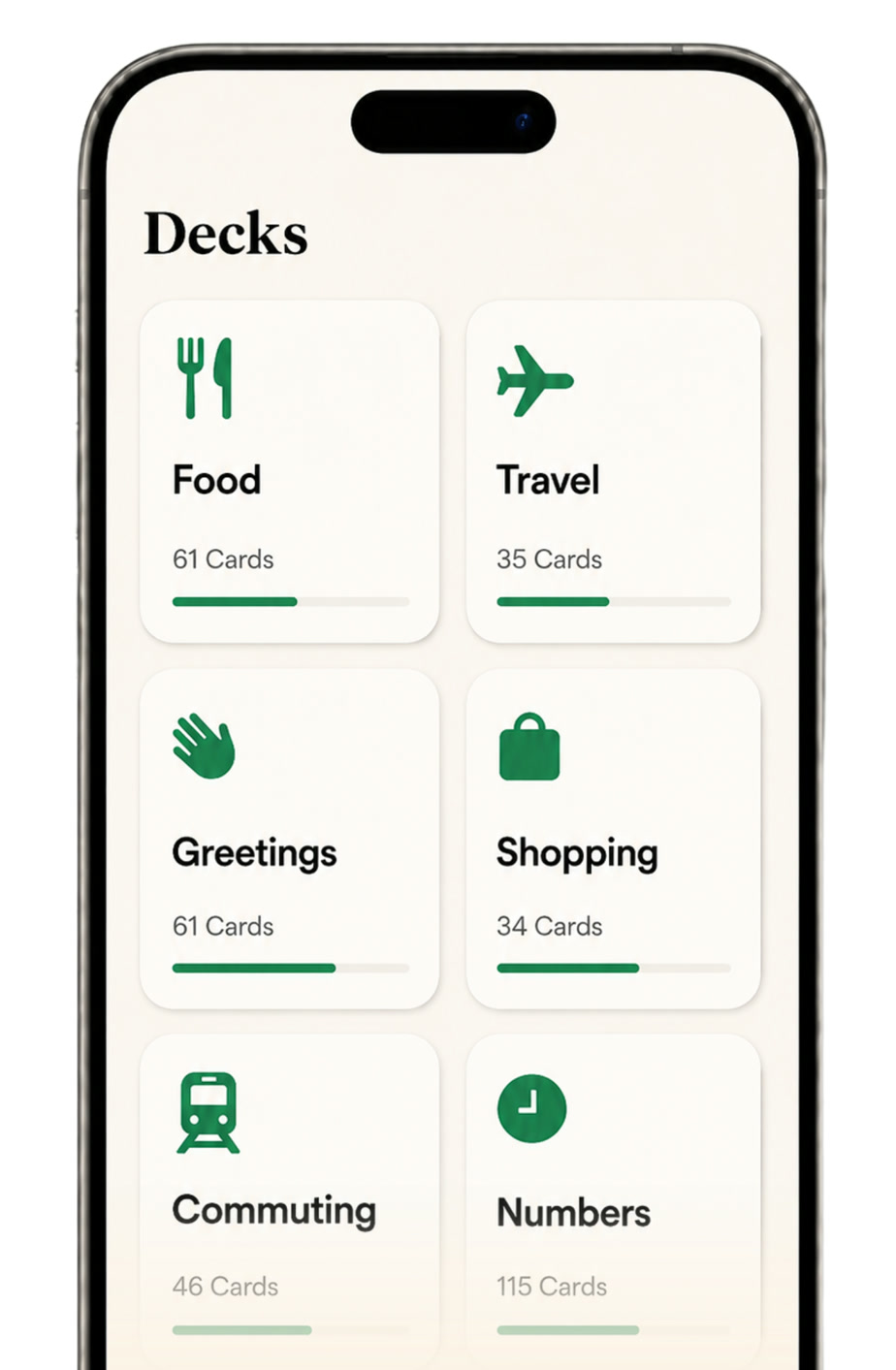 Inku topic decks for food, travel, greetings, shopping, commuting, and numbers