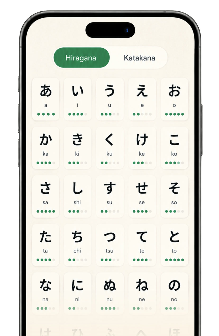 Inku hiragana chart with character progress