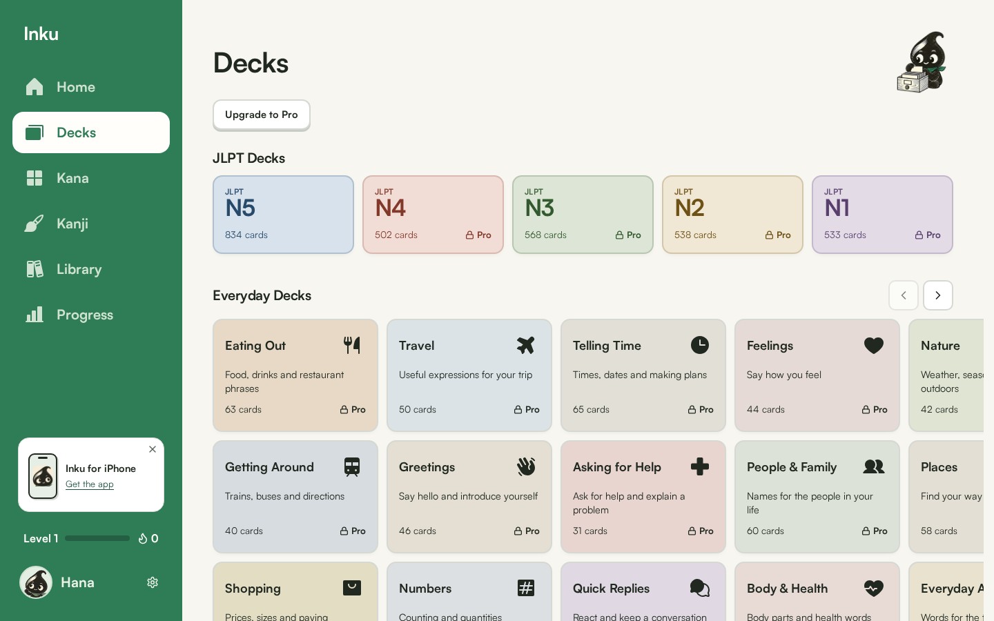 Inku’s web app with decks for Japanese vocabulary and everyday phrases